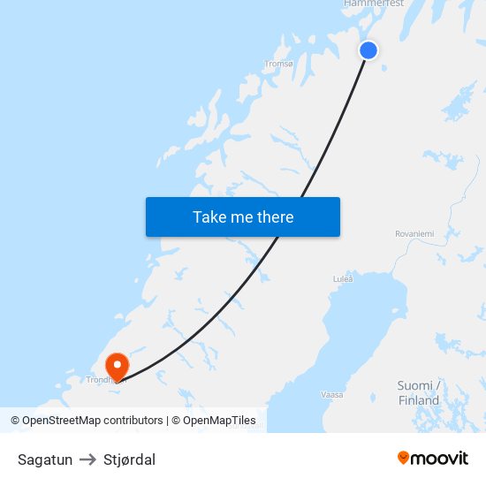 Sagatun to Stjørdal map