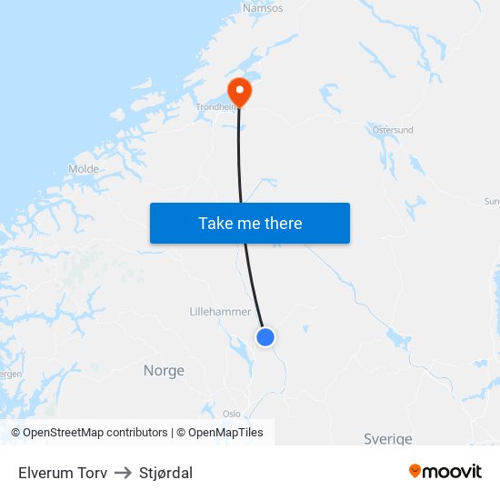 Elverum Torv to Stjørdal map