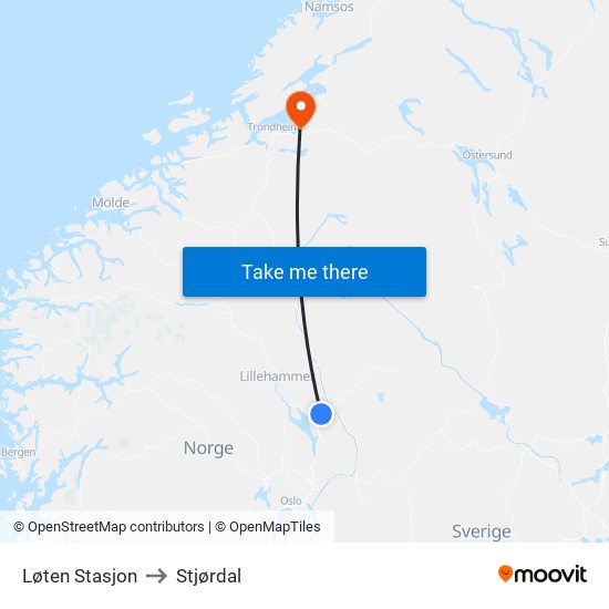 Løten Stasjon to Stjørdal map