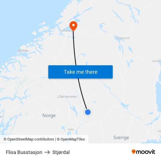 Flisa Busstasjon to Stjørdal map