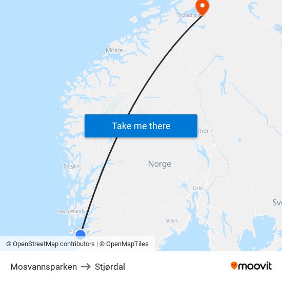 Mosvannsparken to Stjørdal map