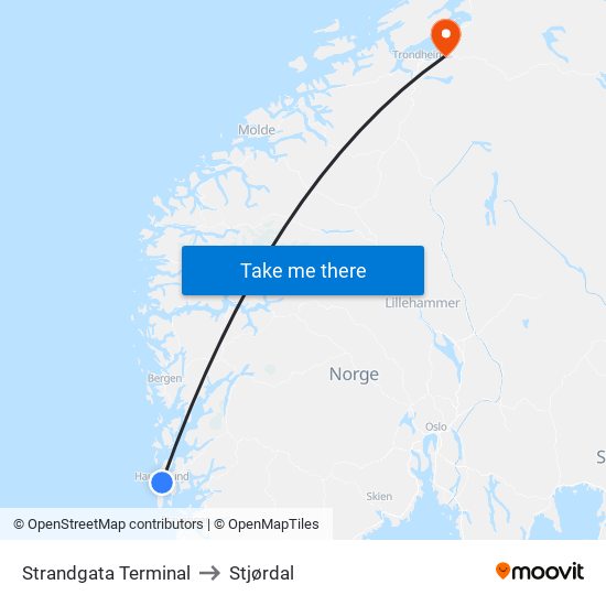 Strandgata Terminal to Stjørdal map