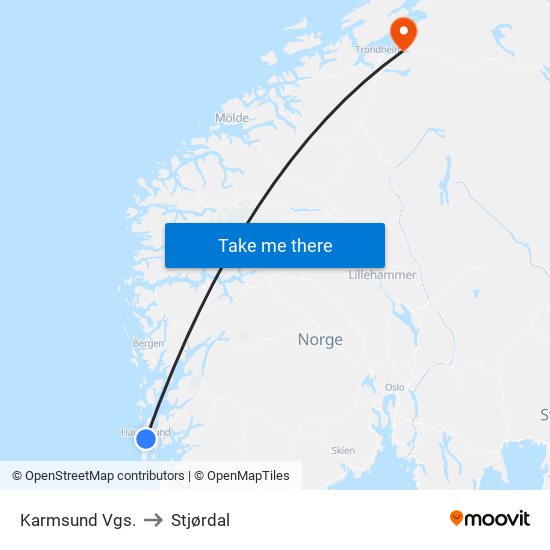 Karmsund Vgs. to Stjørdal map