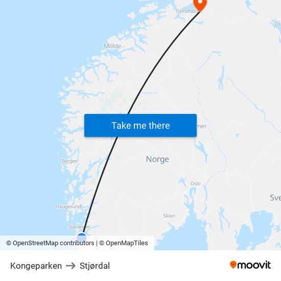 Kongeparken to Stjørdal map