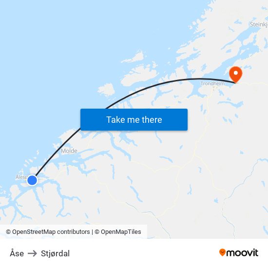 Åse to Stjørdal map