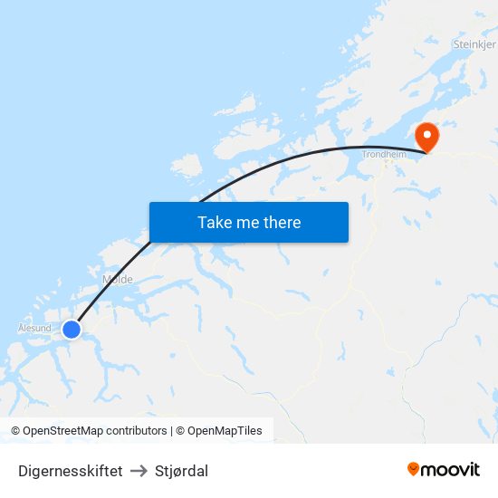 Digernesskiftet to Stjørdal map