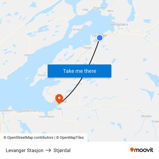 Levanger Stasjon to Stjørdal map