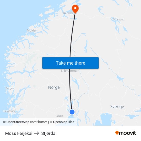 Moss Ferjekai to Stjørdal map