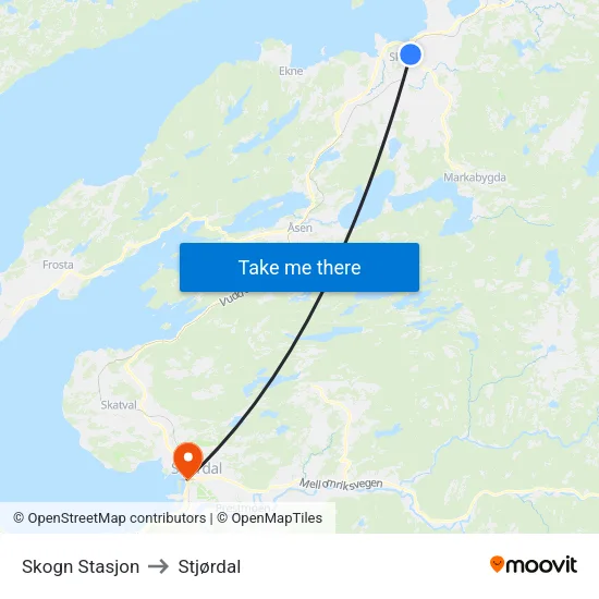 Skogn Stasjon to Stjørdal map