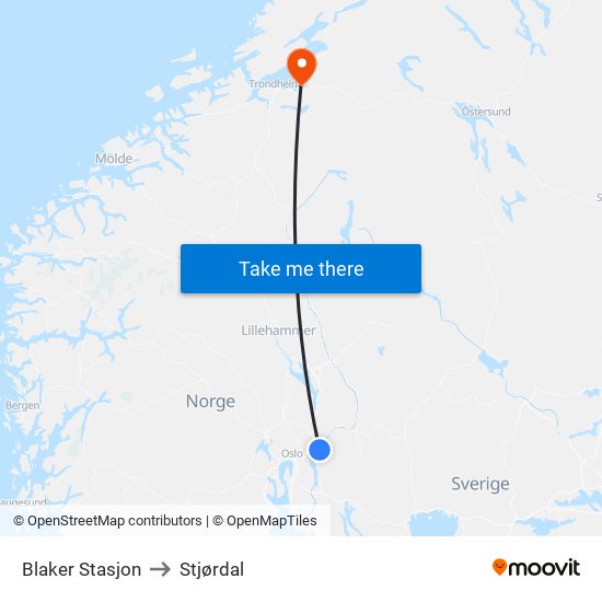 Blaker Stasjon to Stjørdal map