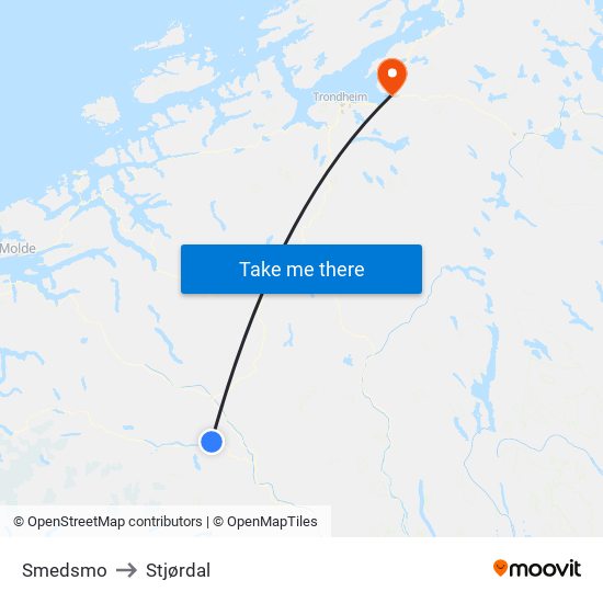 Smedsmo to Stjørdal map