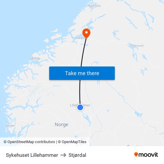 Sykehuset Lillehammer to Stjørdal map