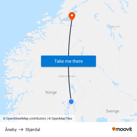 Åneby to Stjørdal map