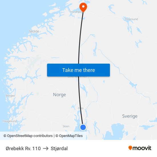 Ørebekk Rv. 110 to Stjørdal map