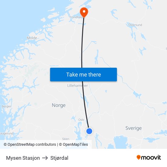 Mysen Stasjon to Stjørdal map