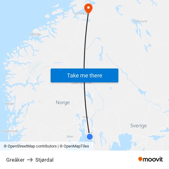 Greåker to Stjørdal map