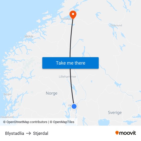 Blystadlia to Stjørdal map