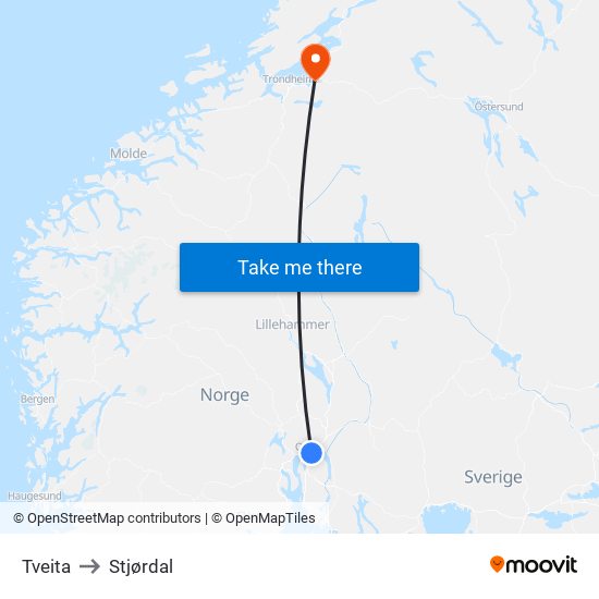 Tveita to Stjørdal map