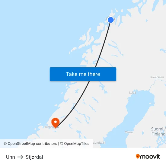 Unn to Stjørdal map