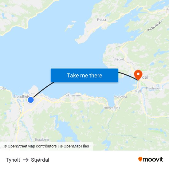 Tyholt to Stjørdal map