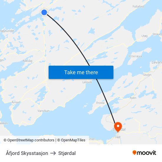 Åfjord Skysstasjon to Stjørdal map