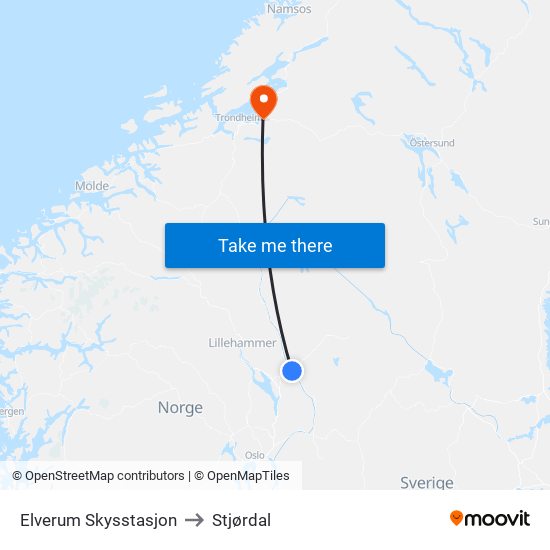 Elverum Skysstasjon to Stjørdal map