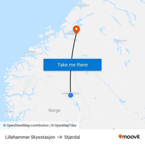 Lillehammer Skysstasjon to Stjørdal map