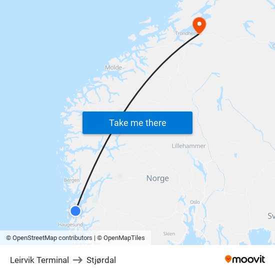 Leirvik Terminal to Stjørdal map