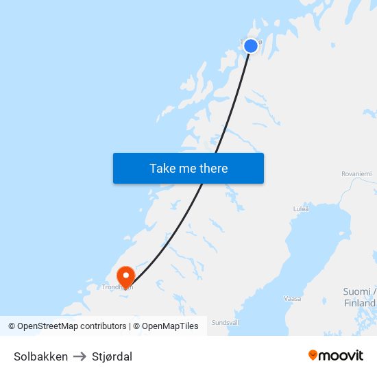 Solbakken to Stjørdal map