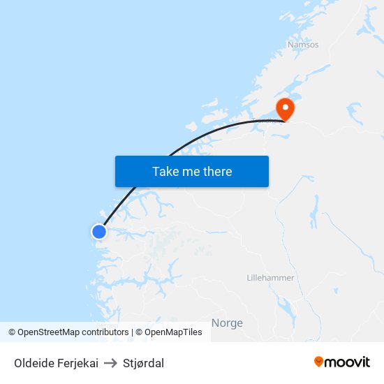 Oldeide Ferjekai to Stjørdal map