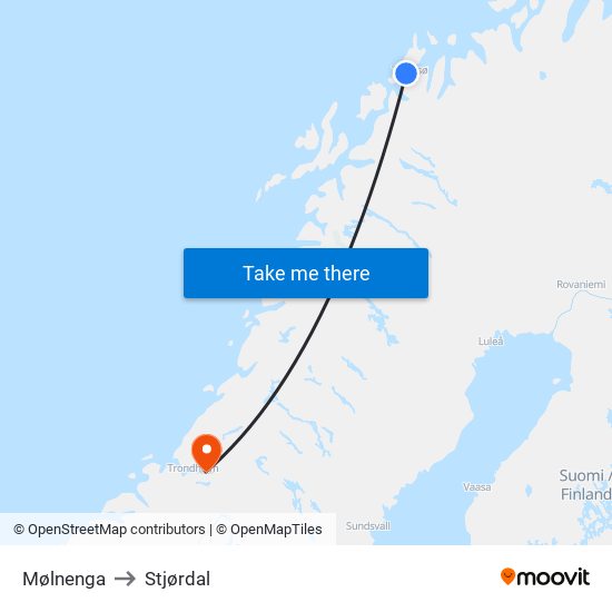 Mølnenga to Stjørdal map