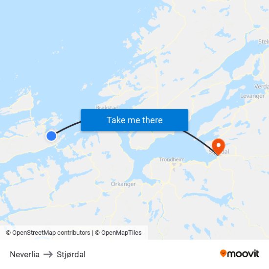 Neverlia to Stjørdal map