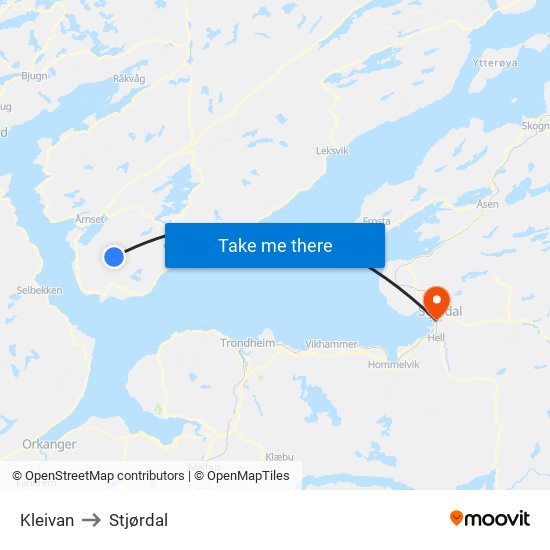 Kleivan to Stjørdal map