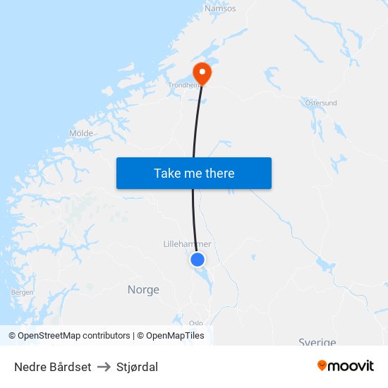 Nedre Bårdset to Stjørdal map