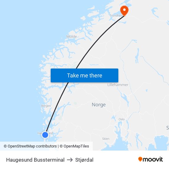 Haugesund Bussterminal to Stjørdal map