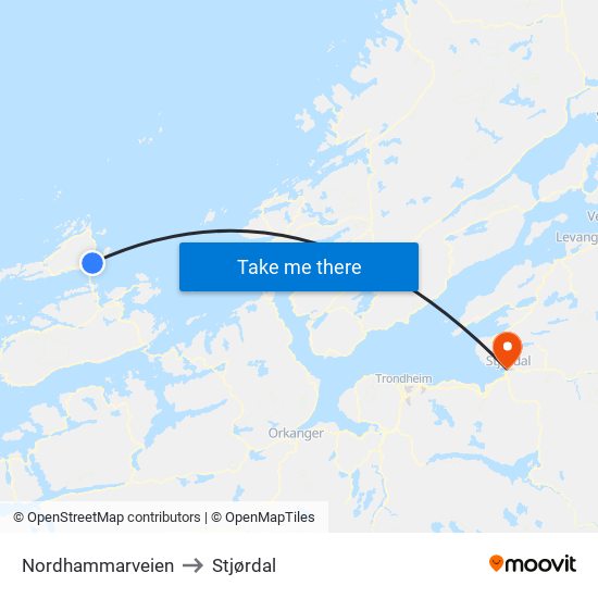 Nordhammarveien to Stjørdal map