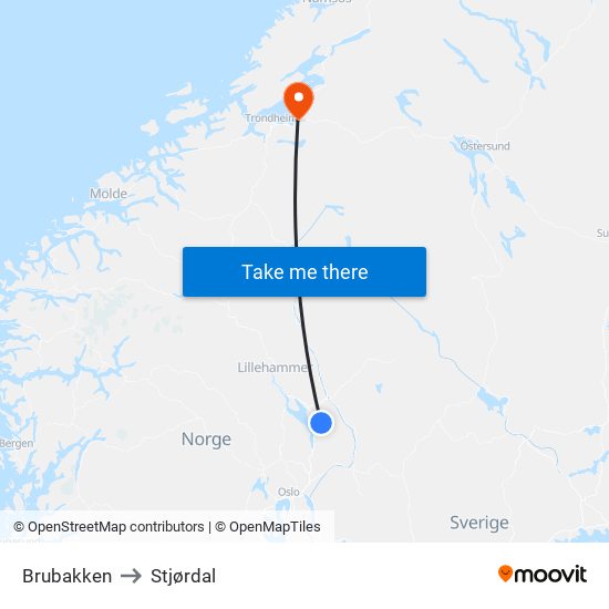 Brubakken to Stjørdal map