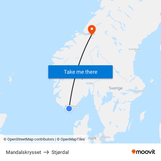 Mandalskrysset to Stjørdal map