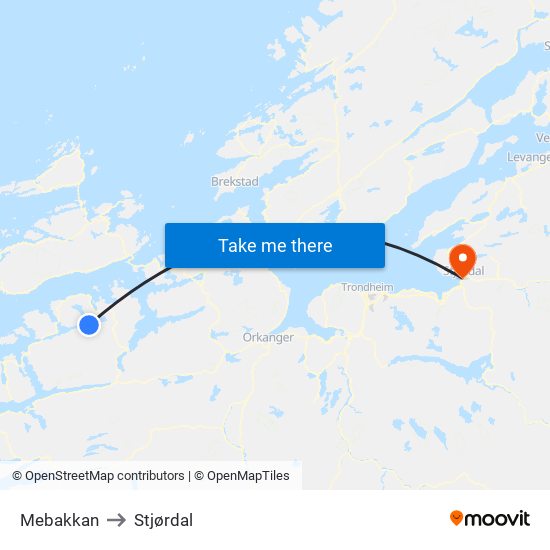 Mebakkan to Stjørdal map