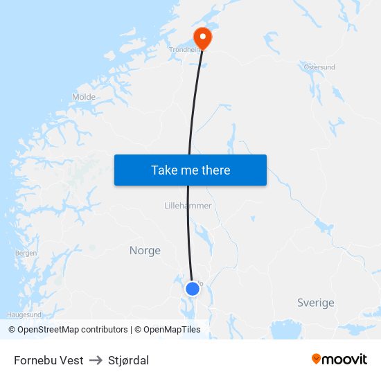 Fornebu Vest to Stjørdal map