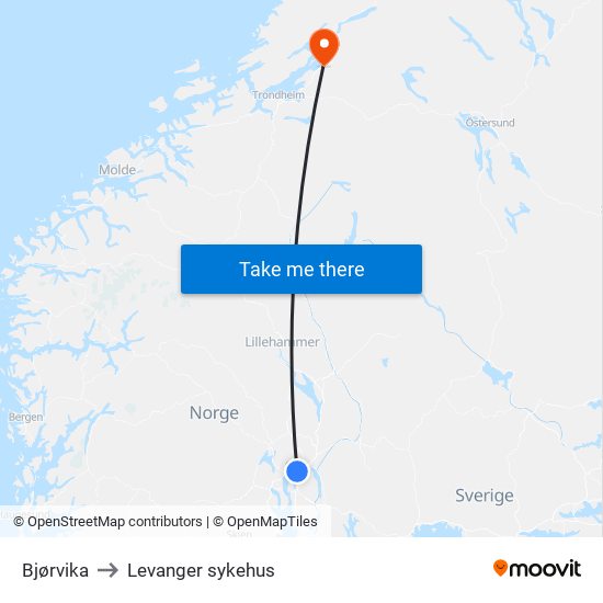 Bjørvika to Levanger sykehus map