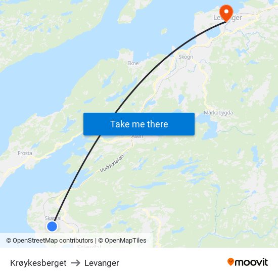 Krøykesberget to Levanger map