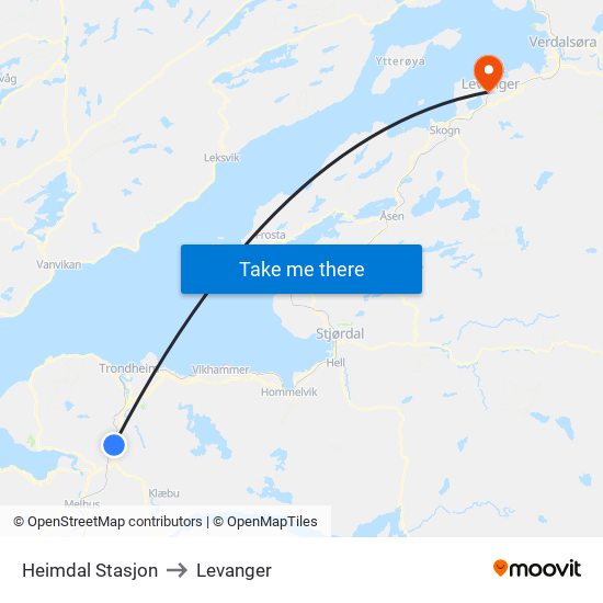 Heimdal Stasjon to Levanger map