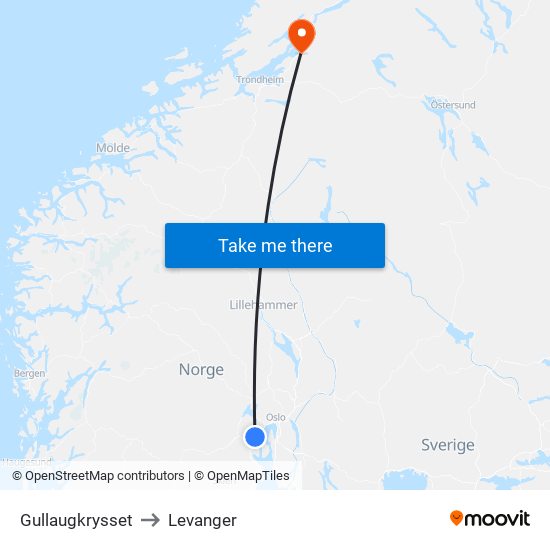 Gullaugkrysset to Levanger map