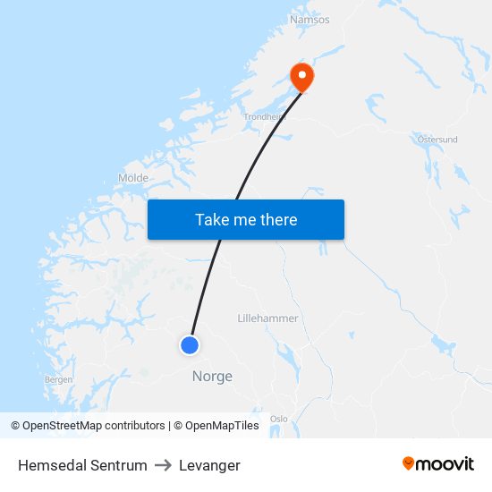 Hemsedal Sentrum to Levanger map