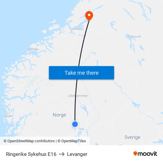 Ringerike Sykehus E16 to Levanger map