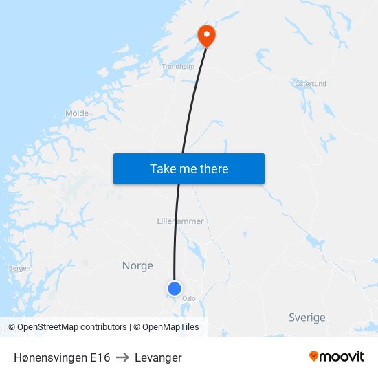 Hønensvingen E16 to Levanger map