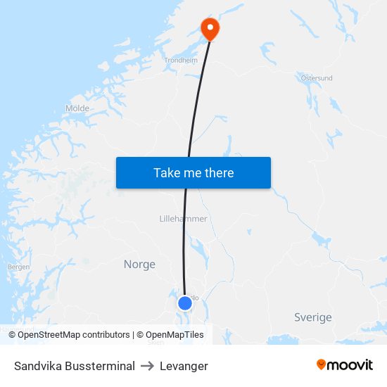 Sandvika Bussterminal to Levanger map