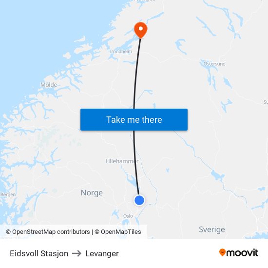 Eidsvoll Stasjon to Levanger map