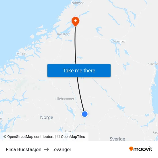 Flisa Busstasjon to Levanger map